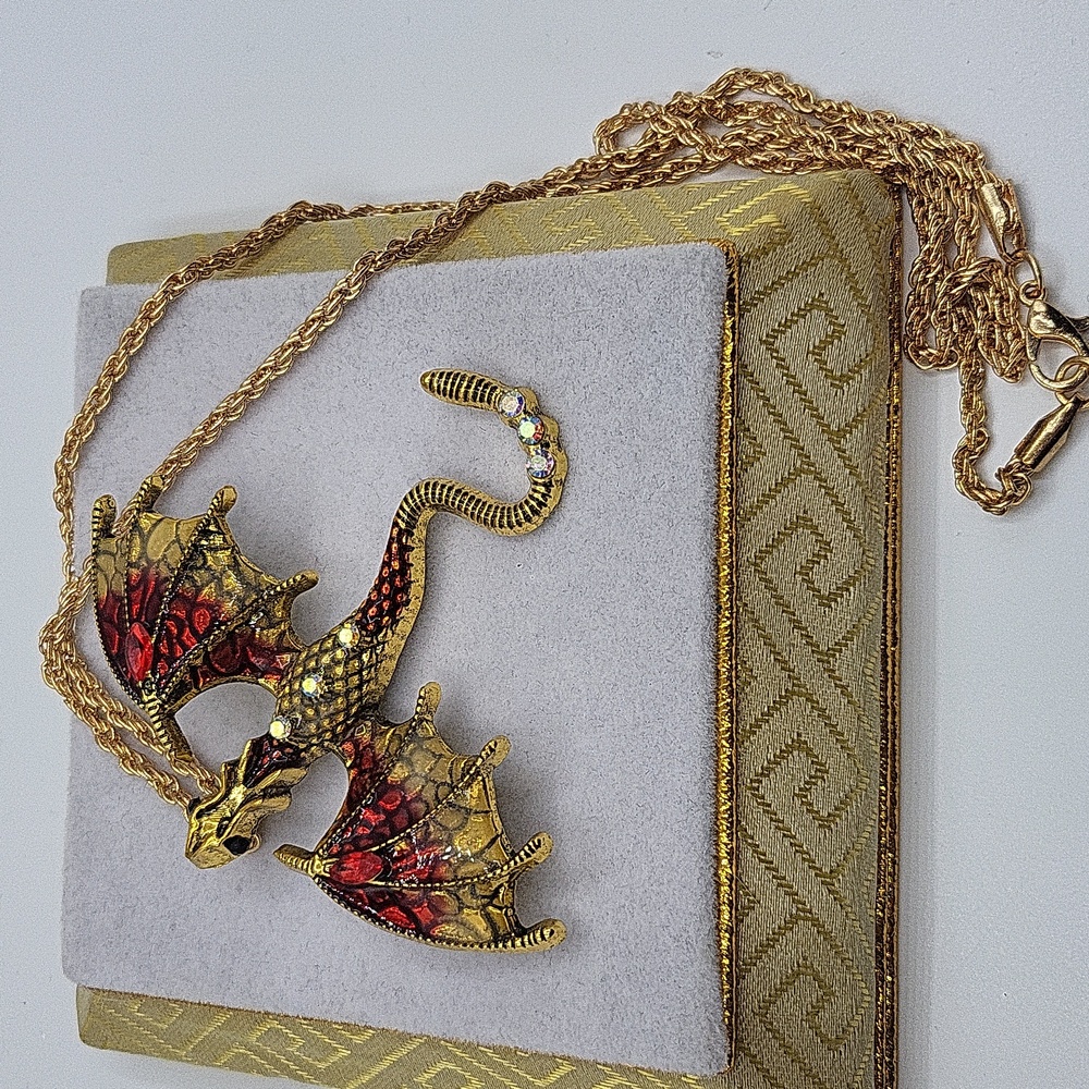 🐉 Red And Gold Enamel Dragon Necklace | 22" Goldtone Rope Chain 🐉